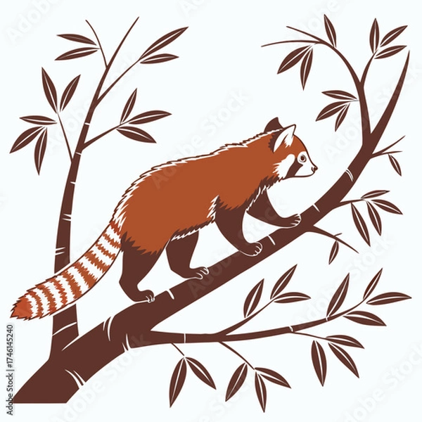 Fototapeta Red panda climbing bamboo branches in stylized illustration