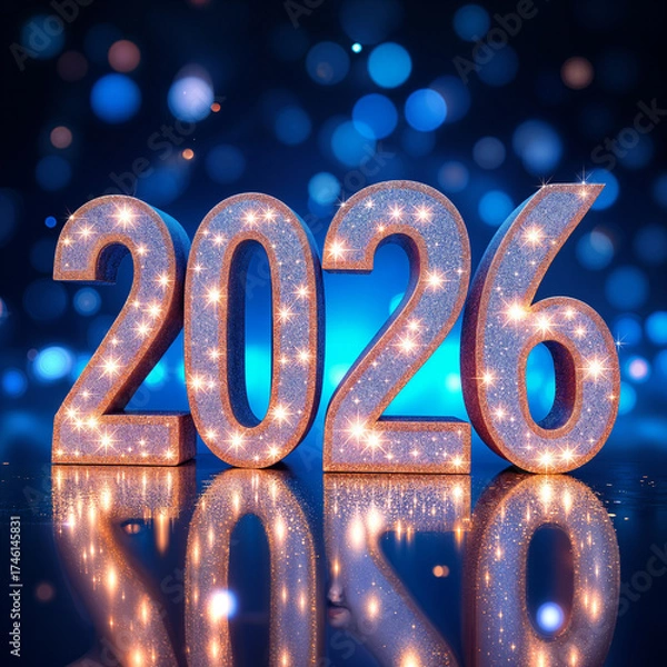 Fototapeta Sparkling Blue 2026 New Year Numbers on Reflective Surface with Glowing Lights and Bokeh Background Isolated on White P N G Download for Social Media Advertisement Banner