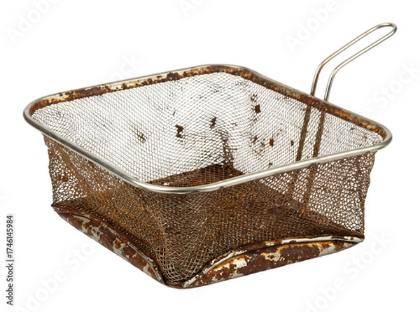Obraz 古びた揚げ物用バスケットのクローズアップ写真 素材 キッチンツール 錆びた金属製 調理器具