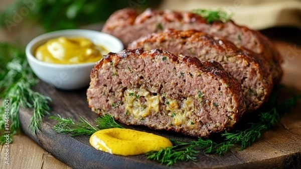 Obraz Thick slice of Bavarian meatloaf served warm in a crusty roll with mustard, displayed as a simple street-style snack.