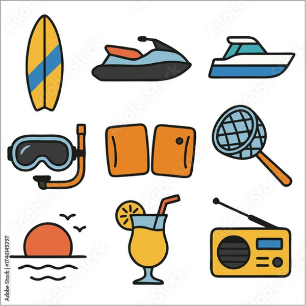 Obraz Flat Icon Set, Beach Vacation Theme with Bold Outlines
