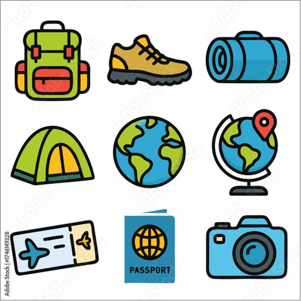 Obraz Flat Icon Set, Backpacking Trip Travel Essentials with Bold Outlines