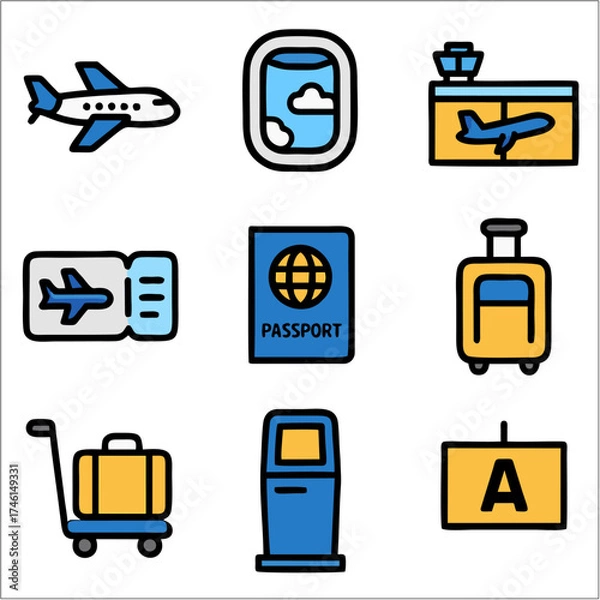Obraz Flat Icon Set, Airplane and Airport Travel Essentials with Bold Outlines