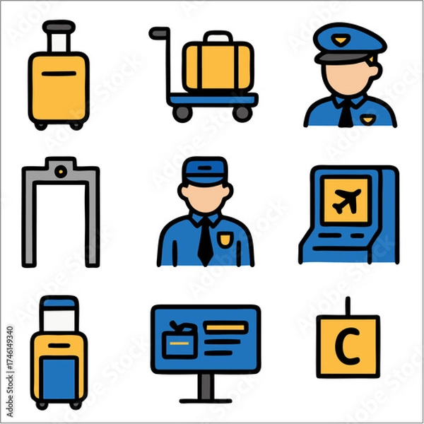 Obraz Flat Icon Set, Airplane and Airport Travel Essentials with Bold Outlines