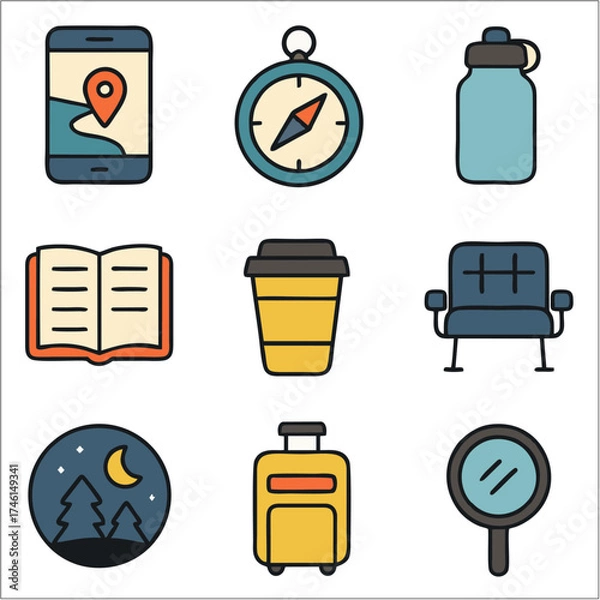 Obraz Flat Icon Set, Solo Travel Essentials with Bold Outlines