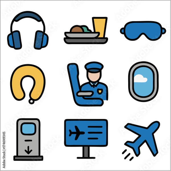 Obraz Flat Icon Set, Airplane and Airport Travel Essentials with Bold Outlines