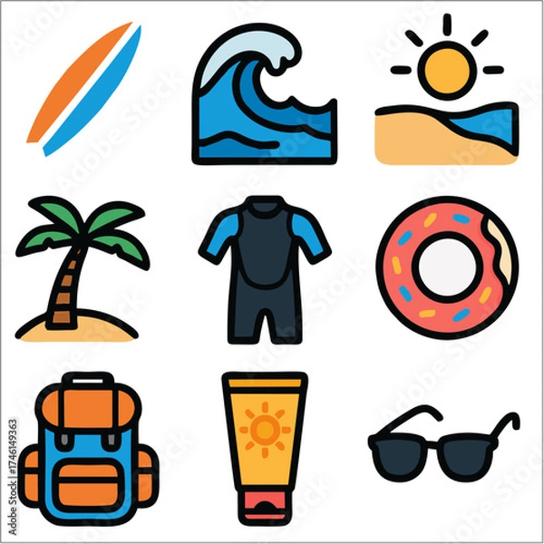 Obraz Flat Icon Set, Surfing Beach Lifestyle with Bold Outlines 