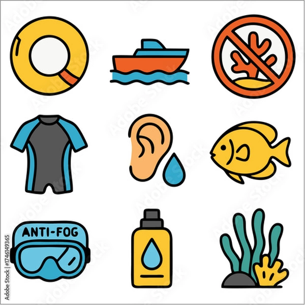 Obraz Flat Icon Set, Snorkeling and Underwater Adventure with Bold Outlines