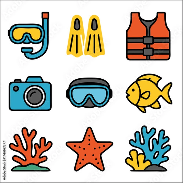 Obraz Flat Icon Set, Snorkeling and Underwater Adventure with Bold Outlines