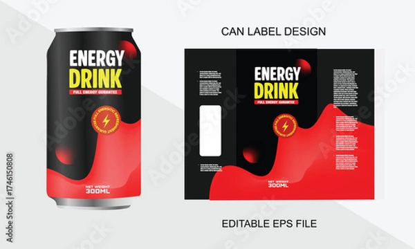 Fototapeta Energy drink ads banner. Vector illustration with energy drink cans, bright abstract energy lightnings. Realistic 3d illustration.