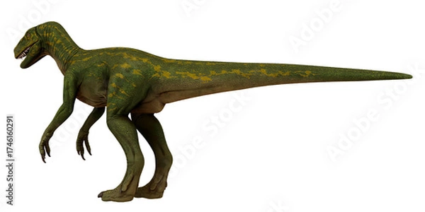 Fototapeta Green dinosaur model with long tail and detailed texture.