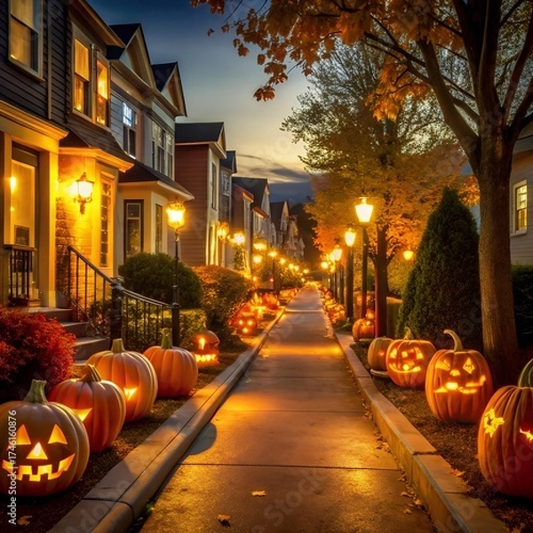 Obraz Halloween pumpkins line a suburban sidewalk at twilight