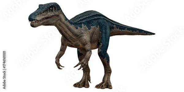 Fototapeta Realistic dinosaur model with blue and gray scales.