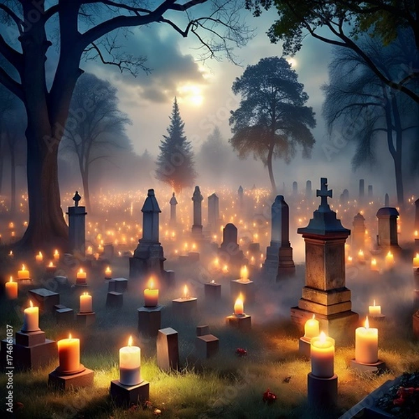 Obraz Cemetery at night with glowing candles and fog graveyard
