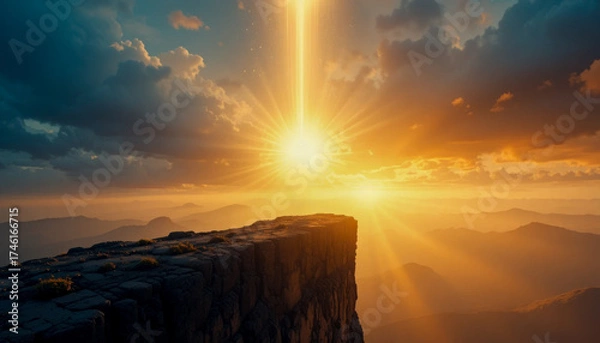 Fototapeta Golden sunset over mountain range with a cliff in the foreground.