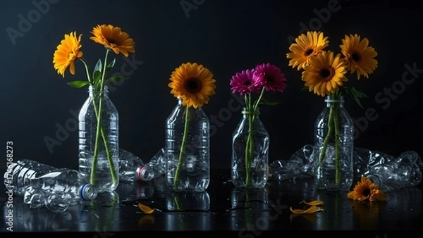 Obraz Artistic flower vases under moody light on dark background