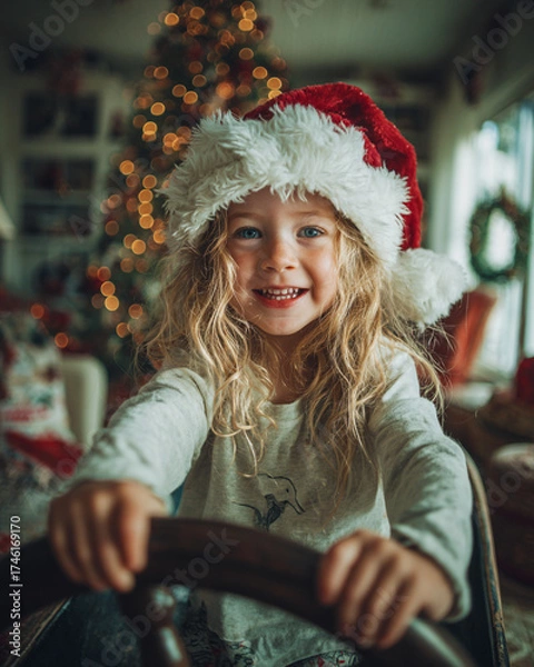 Obraz Playful Child Pretending to Drive Santa’s Sleigh at Home