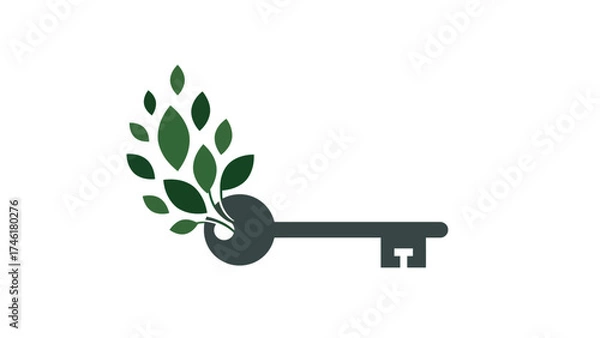 Fototapeta Flat vector key with leaves growing from its top, concept of unlocking growth and life.