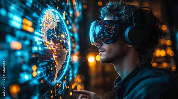 Fototapeta A businessman wearing VR glasses interacts with a holographic globe. Generative Ai.