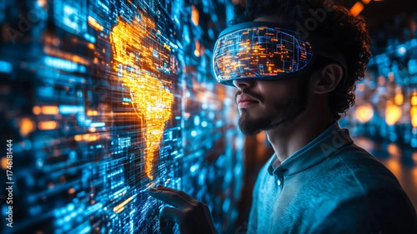 Fototapeta A businessman wearing VR glasses interacts with a holographic globe. Generative Ai.