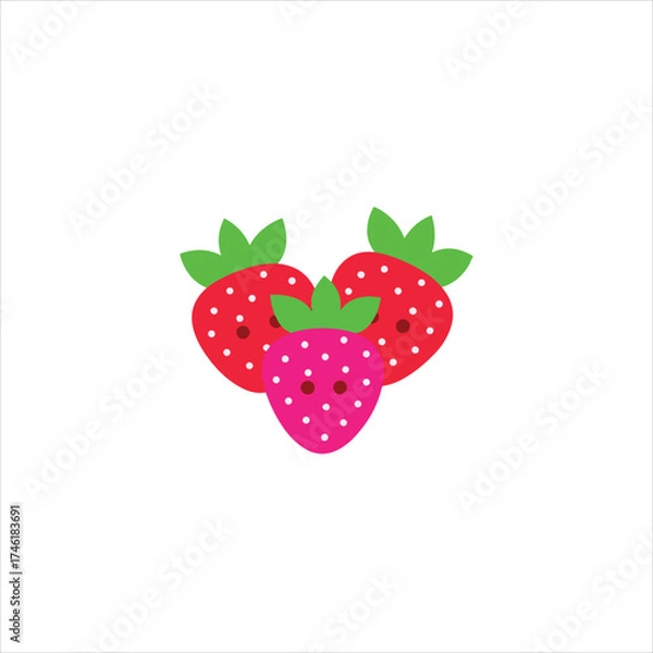 Fototapeta Three bright red strawberries with green leaves arranged in a heart shape