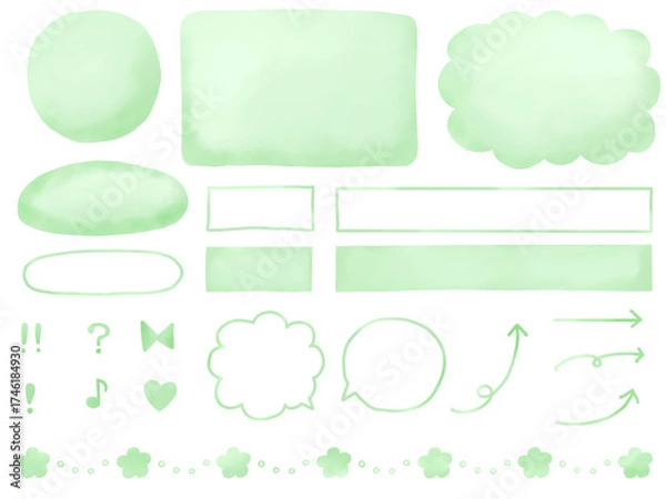 Fototapeta 水彩：グリーンの手描きフレーム・あしらいセット