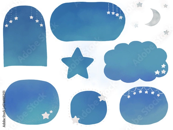Fototapeta 水彩：星と月の飾りのあるフレーム枠セット・青