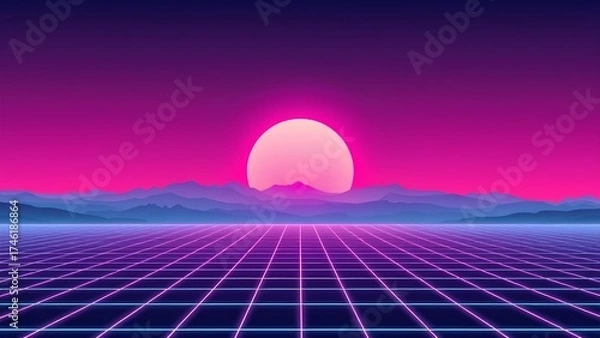 Fototapeta Retro Neon Grid Horizon with Purple Sky