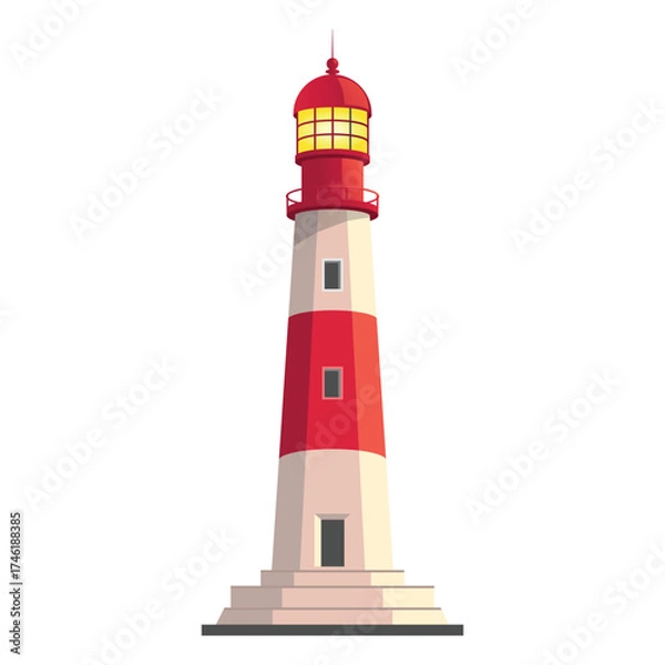 Fototapeta Tall red and white lighthouse with glowing top light standing on a stone base, symbolizing guidance and safety by the sea.