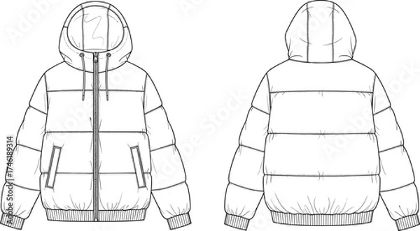 Fototapeta Puffer jacket technical sketch, fashion flat drawing, hood with drawstrings, quilted outerwear design, ribbed cuffs hem, zipper closure, apparel cad illustration