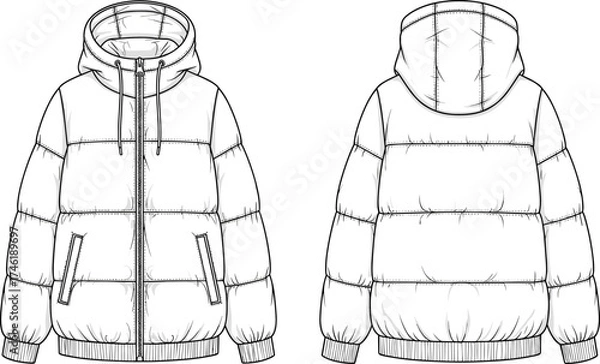 Fototapeta Puffer jacket technical flat sketch, hood with drawstrings, quilted outerwear design, ribbed cuffs hem, zipper closure, apparel cad garment construction illustration