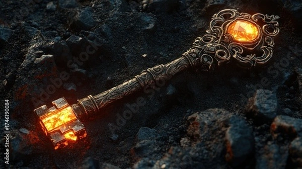 Fototapeta A singular, ornate key forged from meteorite iron and glowing crystal, resting on a bed of black sand, symbolizing restricted access