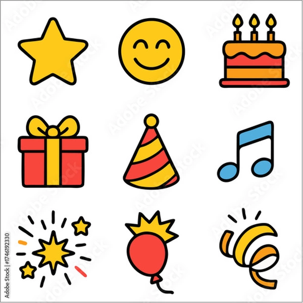 Obraz Flat Party Popper and Celebration Icon Set, Bold Line Festive Symbols for Events and Holidays