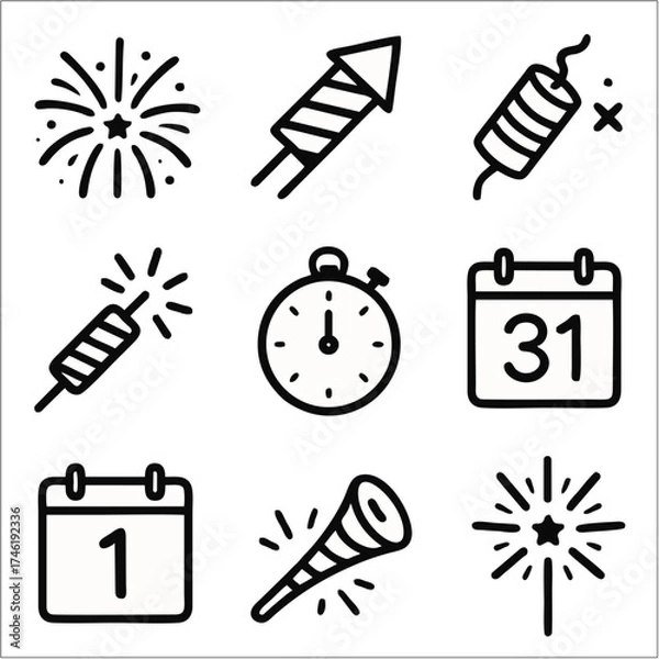 Obraz Flat Minimalist New Year Fireworks Icon Set, Bold Line Style for UI and Celebration Themes 