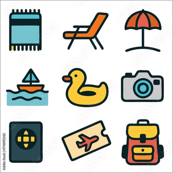 Obraz Flat Color Summer Vacation Icon Set, Minimalist Travel and Beach Essentials in Bold Line Style