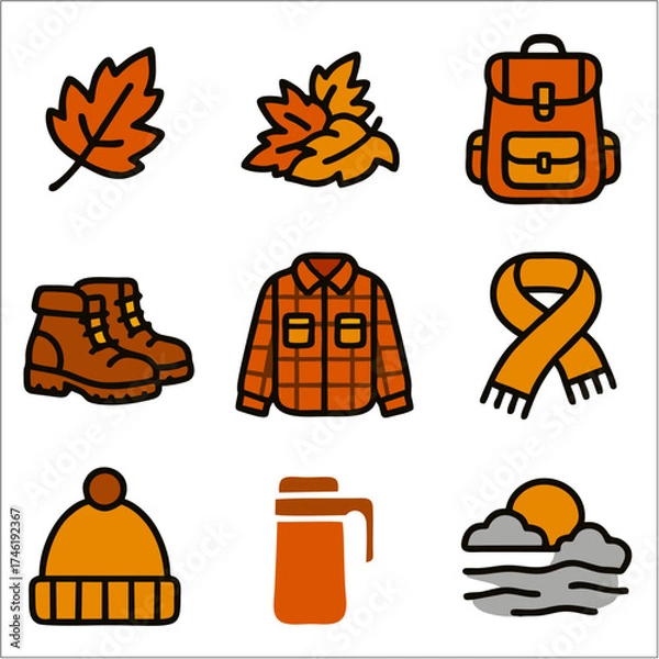 Obraz Flat Autumn Journey Icon Set, Cozy Fall Adventure in Bold Line Minimalist Style