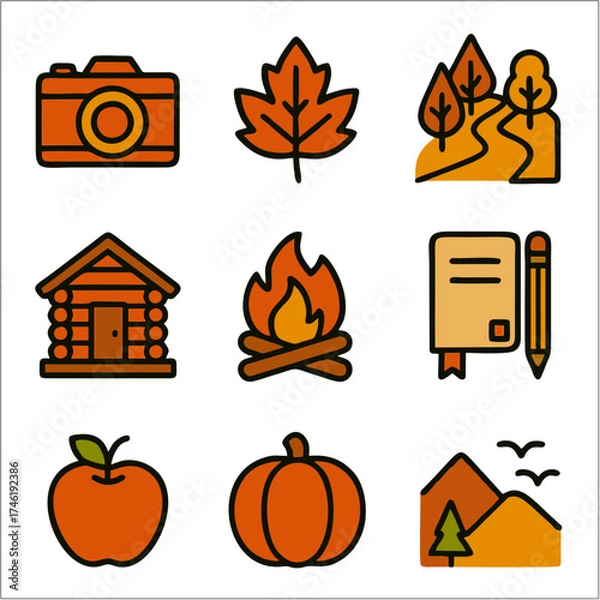 Obraz Flat Autumn Journey Icon Set, Cozy Fall Adventure in Bold Line Minimalist Style