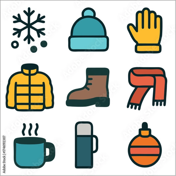 Obraz Flat Winter Travel Icon Set, Bold Line Minimalist Vector for Cold Season Adventures