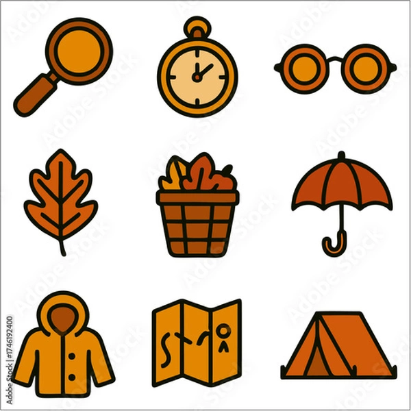 Obraz Flat Autumn Journey Icon Set, Cozy Fall Adventure in Bold Line Minimalist Style