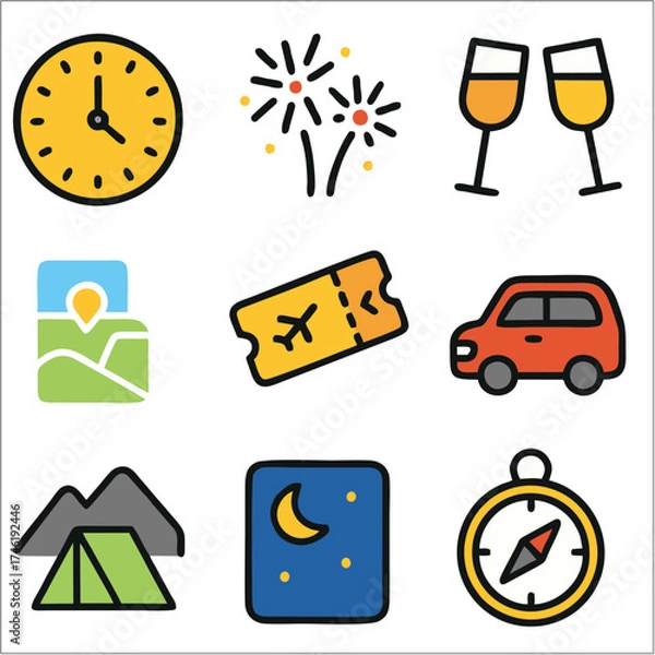 Obraz Flat End Year Trip Icon Set, Bold Line Minimalist Icons for Travel and Celebration