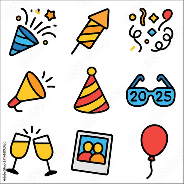 Obraz Flat Party Popper and Celebration Icon Set, Bold Line Festive Symbols for Events and Holidays
