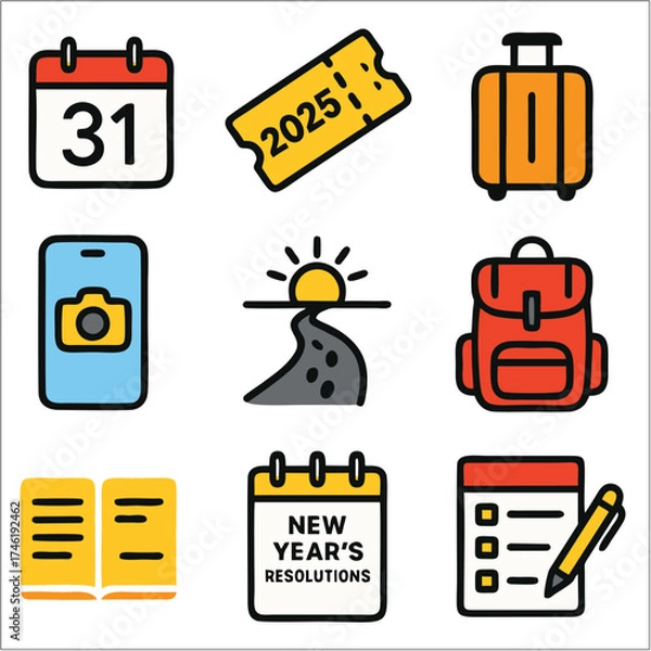 Obraz Flat End Year Trip Icon Set, Bold Line Minimalist Icons for Travel and Celebration