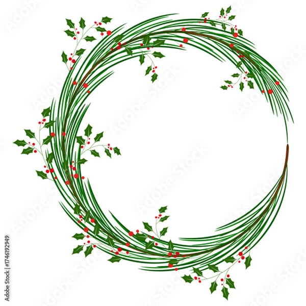 Obraz A festive circular wreath made of green pine branches and red holly berries.