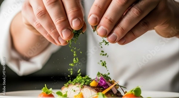 Obraz Chef delicately garnishing a gourmet dish with fresh herbs in a professional kitchen showcasing culinary skills and food presentation for fine dining and restaurant marketing materials