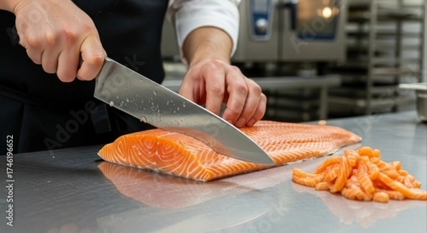 Obraz Chef skillfully cuts fresh salmon fillet on a stainless steel counter preparing sushi or seafood dishes in a professional kitchen environment with precision and culinary expertise