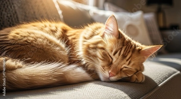 Obraz Adorable ginger cat peacefully sleeps on a cozy sofa bathed in warm sunlight showcasing its soft fur and relaxed posture in a domestic setting perfect for pet lovers and relaxation themes