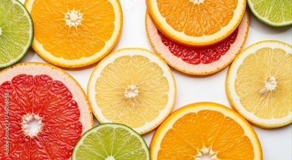 Obraz Vibrant citrus fruit slices including orange grapefruit lemon and lime are arranged on a white surface creating a colorful and refreshing display perfect for healthy eating concepts