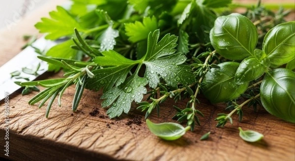 Obraz Freshly harvested herbs including parsley rosemary thyme and basil are displayed on a wooden cutting board ready for cooking and adding flavor to delicious culinary dishes