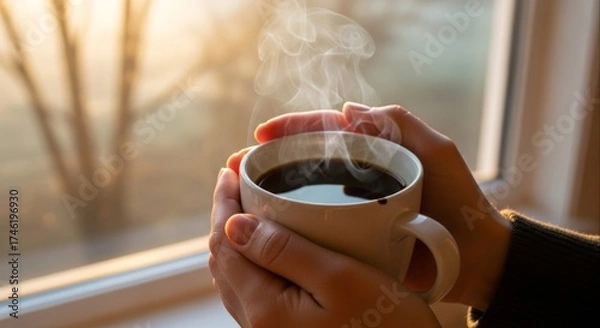 Obraz Steaming coffee cup held by hands near a window on a bright morning offers a warm and comforting start to the day with a cozy and relaxing atmosphere for coffee lovers
