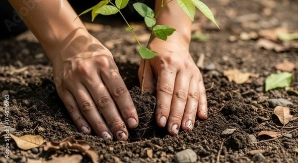 Obraz Hands gently planting a young tree sapling in rich soil symbolizing growth environmental conservation sustainability and a commitment to a greener future landscape initiative